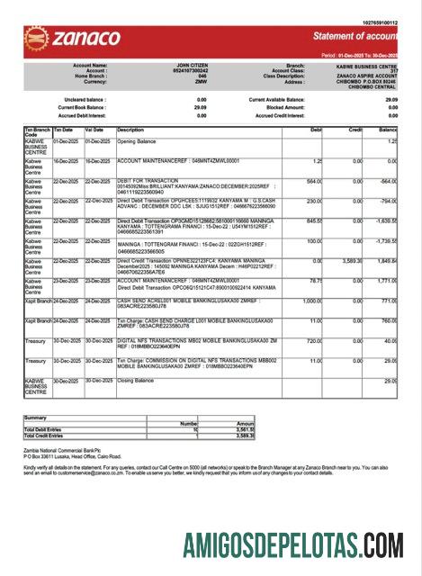 em branco Zâmbia Zanaco Bank Extrato de conta modelo Word e PDF